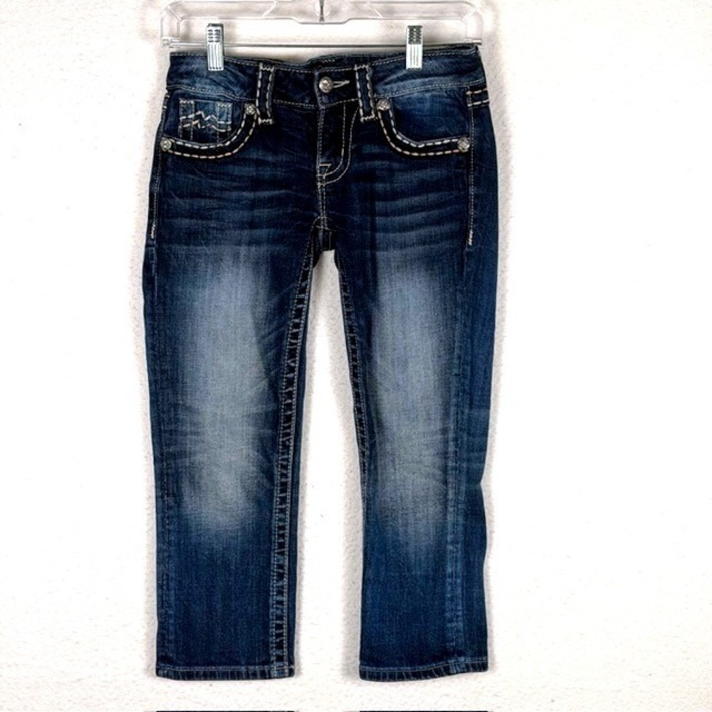Miss Me Signature Cuffed Capri Jeans Dark Wash Embellished Size 25 Blue Denim